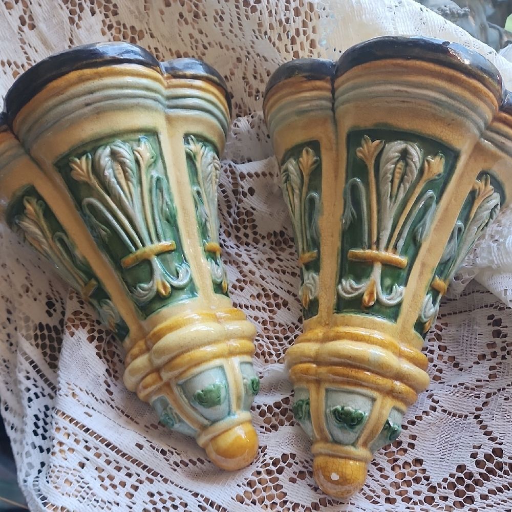 Majolica Inspired Crazed Mustard Yellow Moss Green Double Sconces